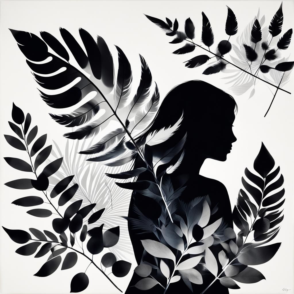 Monochrome Photogram of Bird and Girl Silhouette