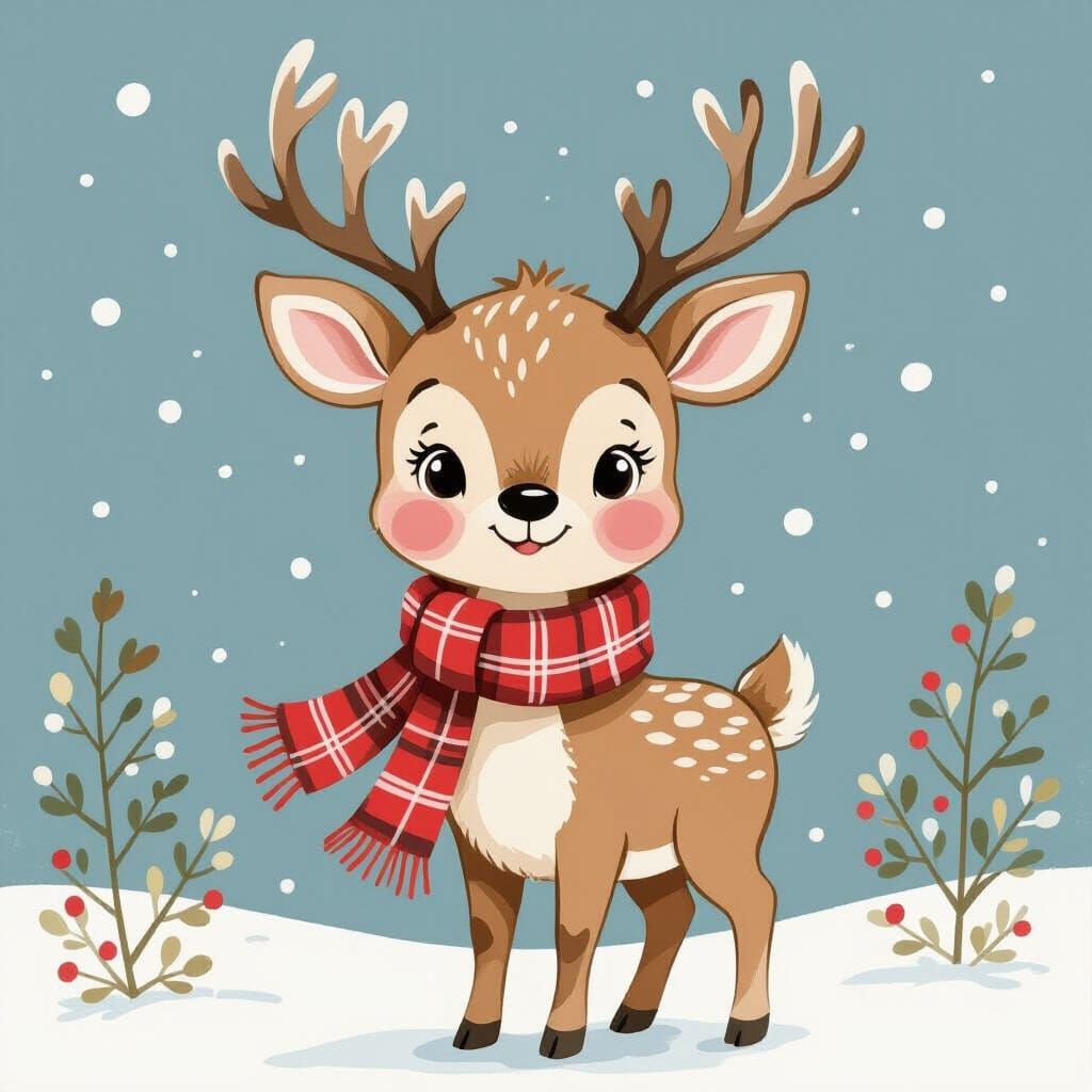 Cute Reindeer with Red Scarf in Watercolor Style