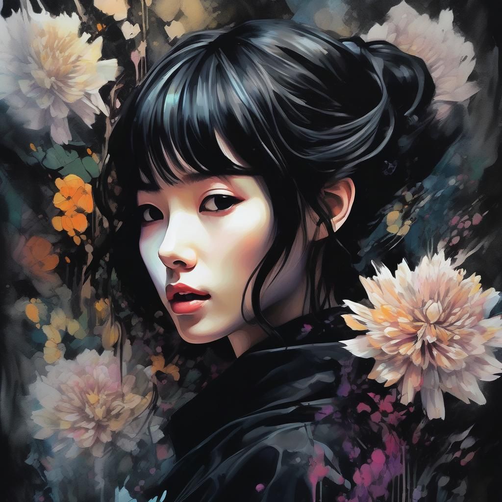Eerie Anime Girl Art Print with Flowers