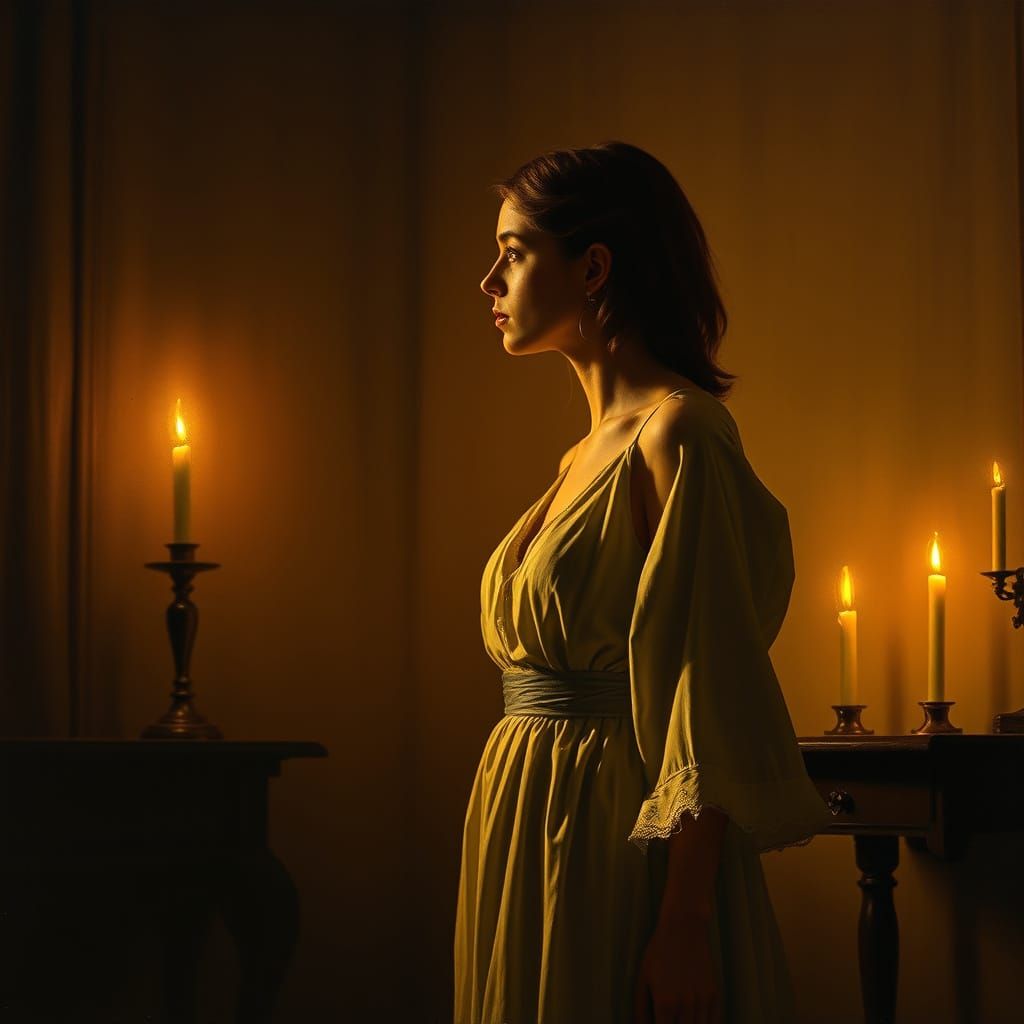 Contemplative Woman in Candlelit Room, Dramatic Lighting