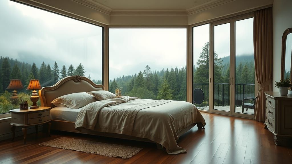 Cozy Bedroom Retreat Overlooking Misty Forest