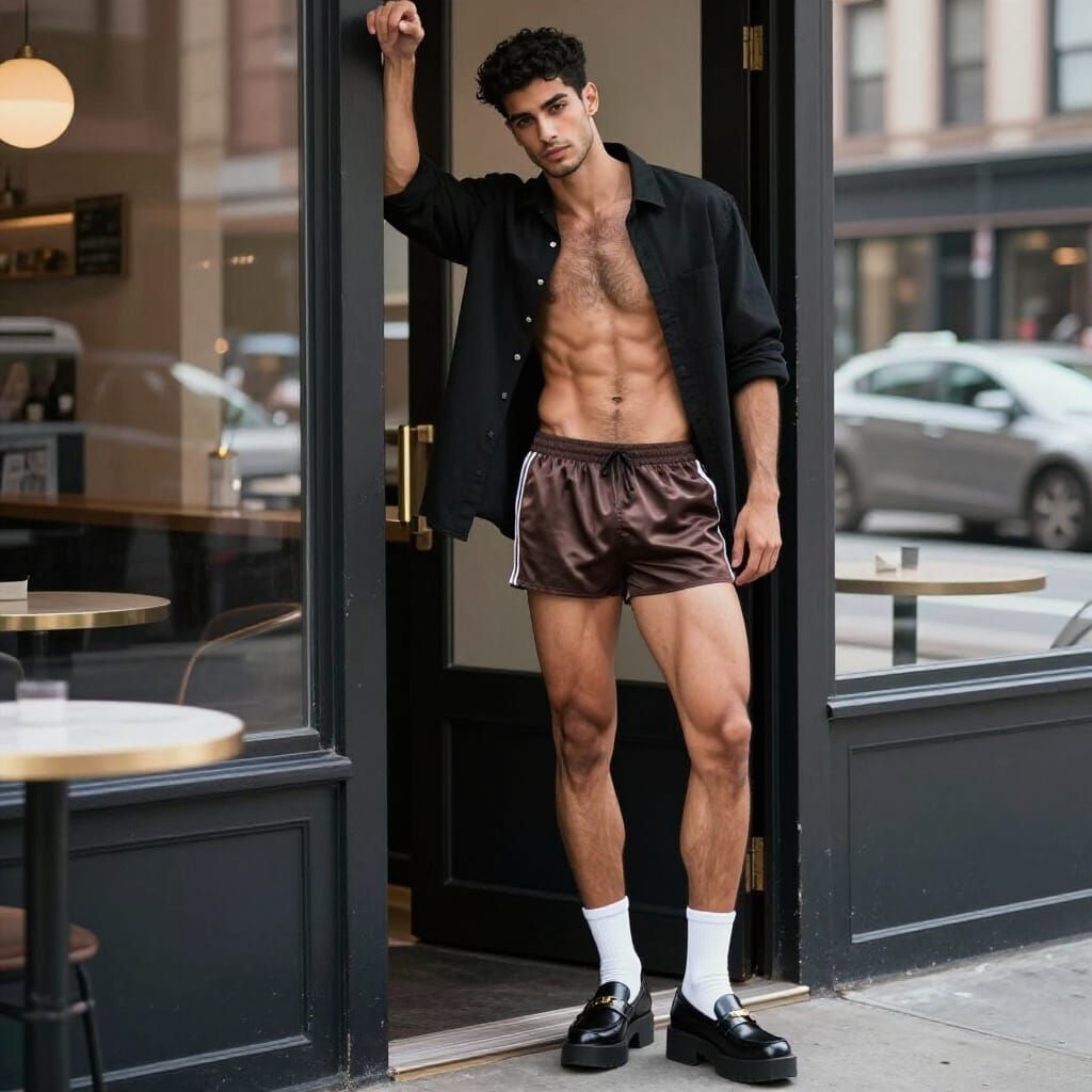 Athletic Arabic Man Poses in Brooklyn Cafe Doorway