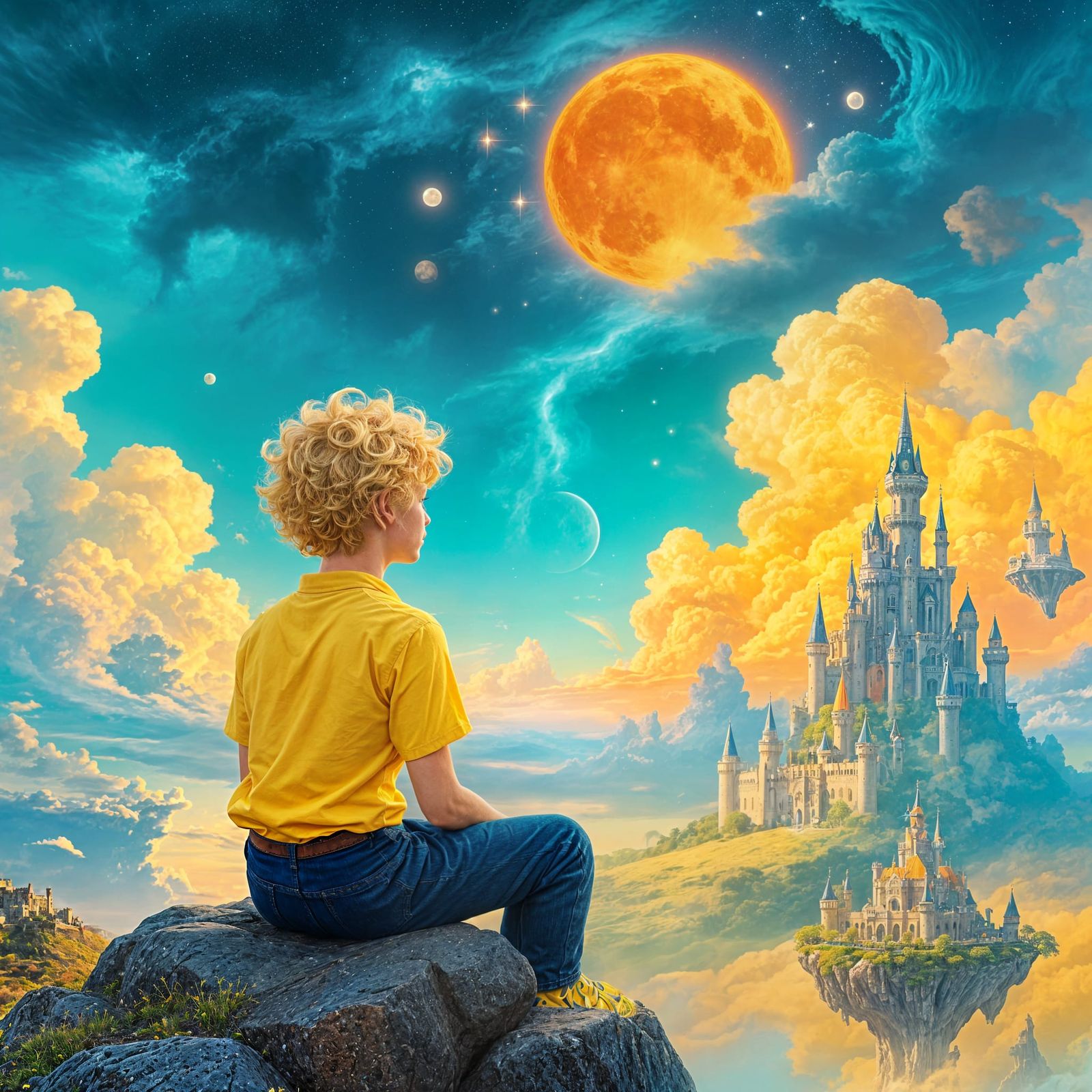 Boy in Yellow Shirt on Rock Under Fiery Moon