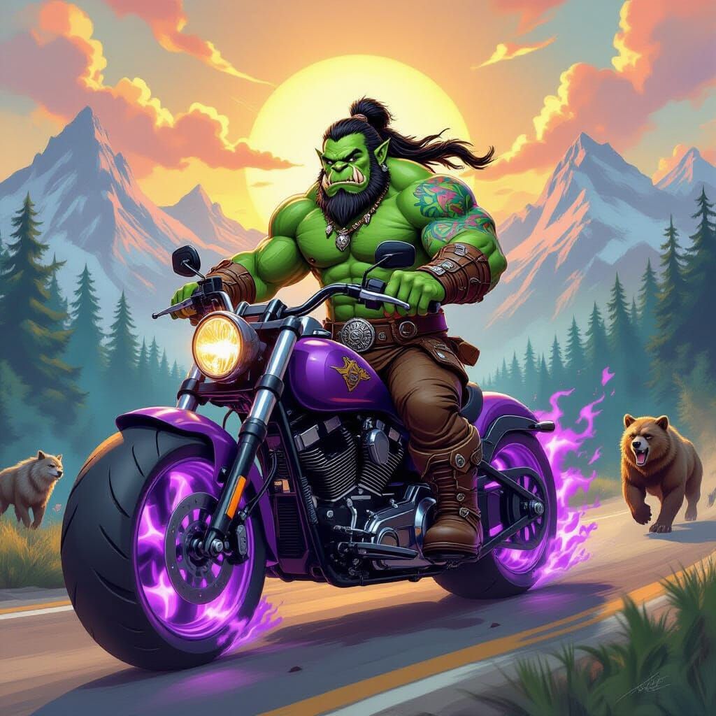 Orc Monk on Motorbike in Comic Book Style