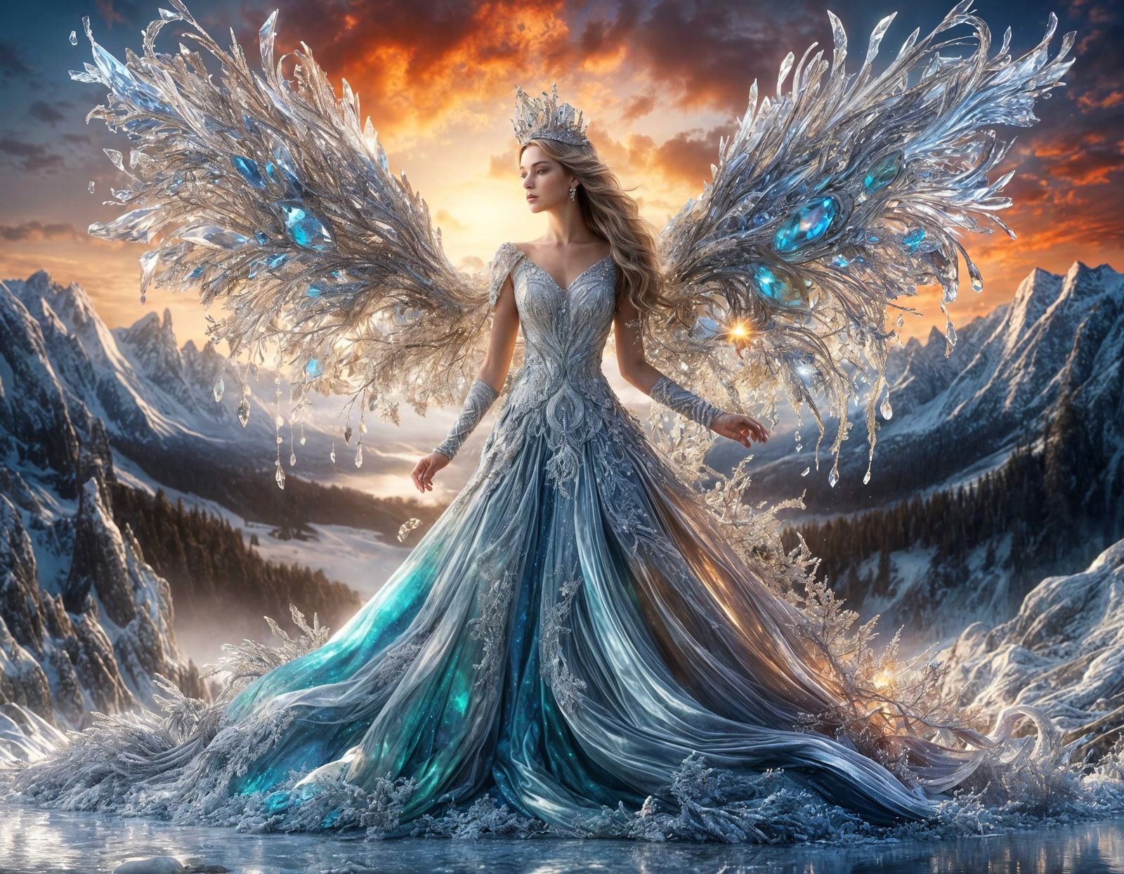 Crystal Ribbon Fairy in Winter Fantasy Landscape