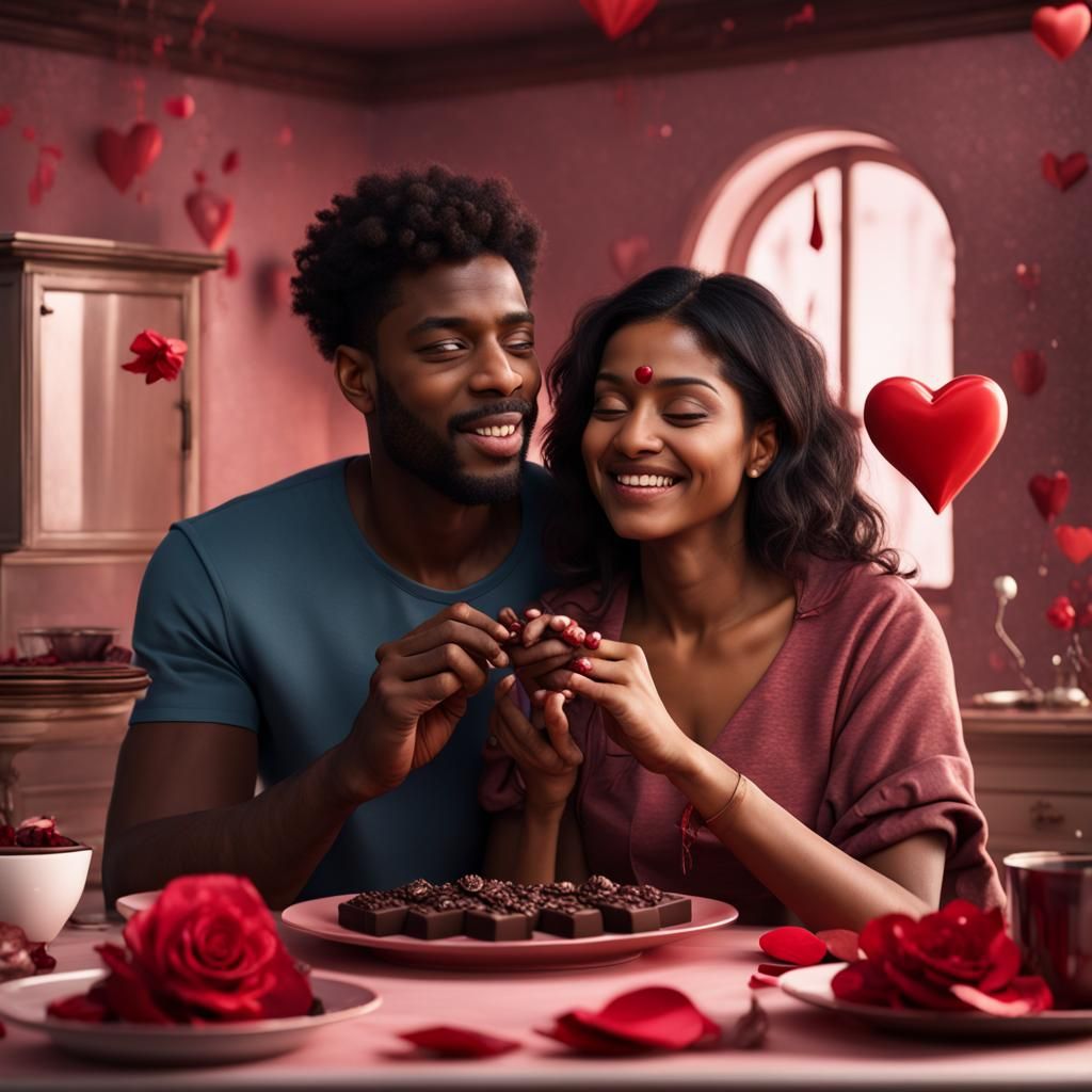 Valentine's Day: Couple Sharing Chocolate, Detailed Digital ...