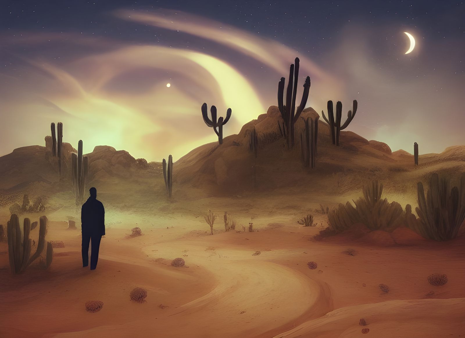 Emerald Cacti in Sparkling Gold Desert