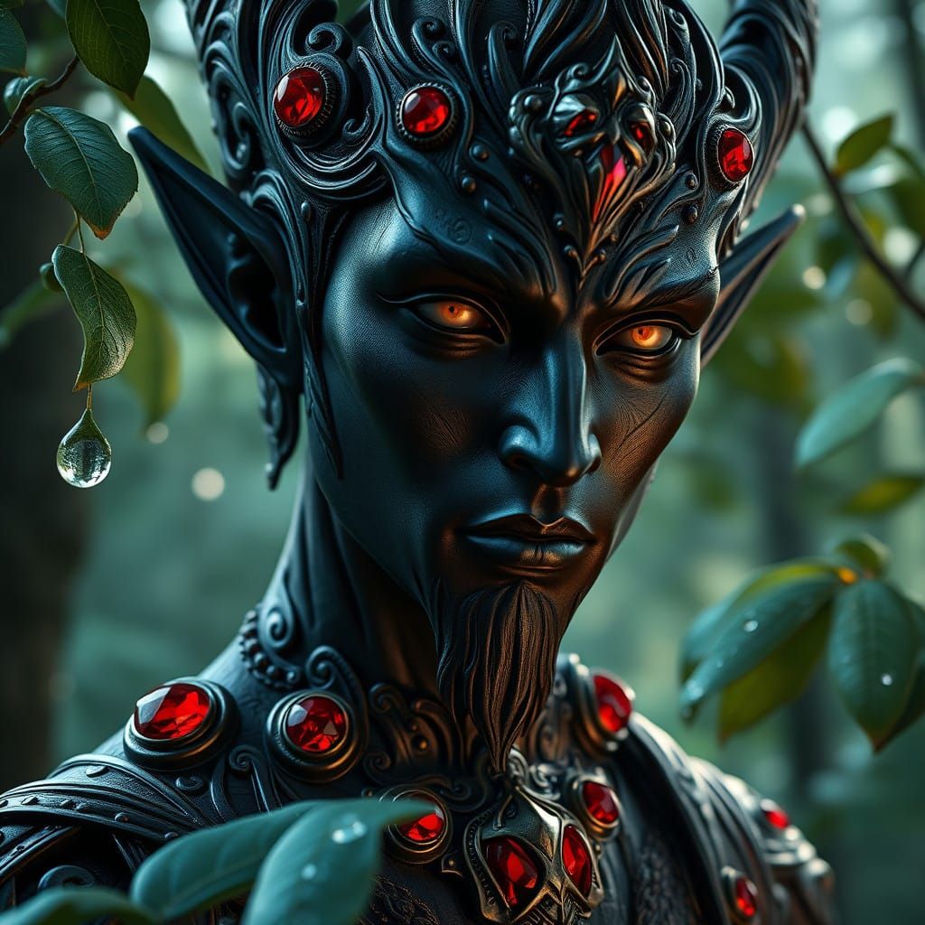 Majestic Ebony Wood Elf in Enchanted Forest Attire