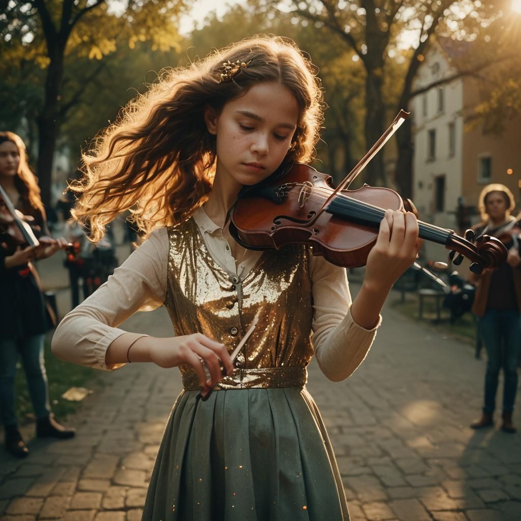 Girl Plays Violin in Golden Hour Cinematic Style