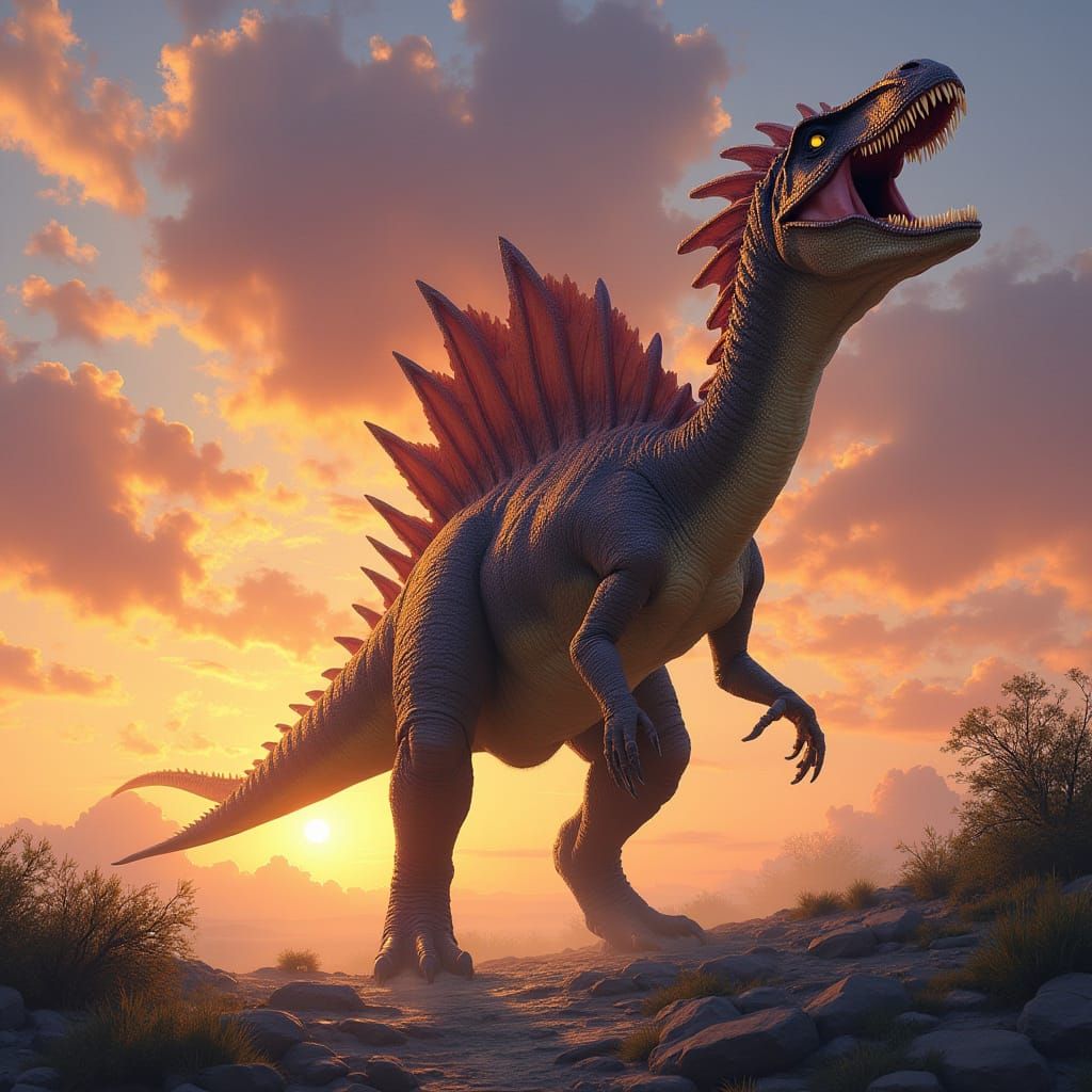 Spinosaurus Roaring at Sunset in Hyperrealistic Digital Art