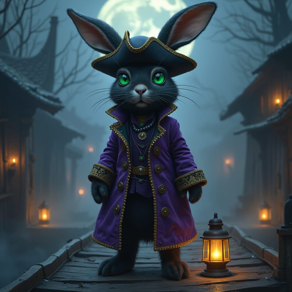 Rabbit Pirate in Purple Coat on Misty Dock