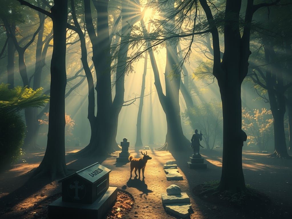 Secret forest, sunbeams shining at a forgotten graveyard