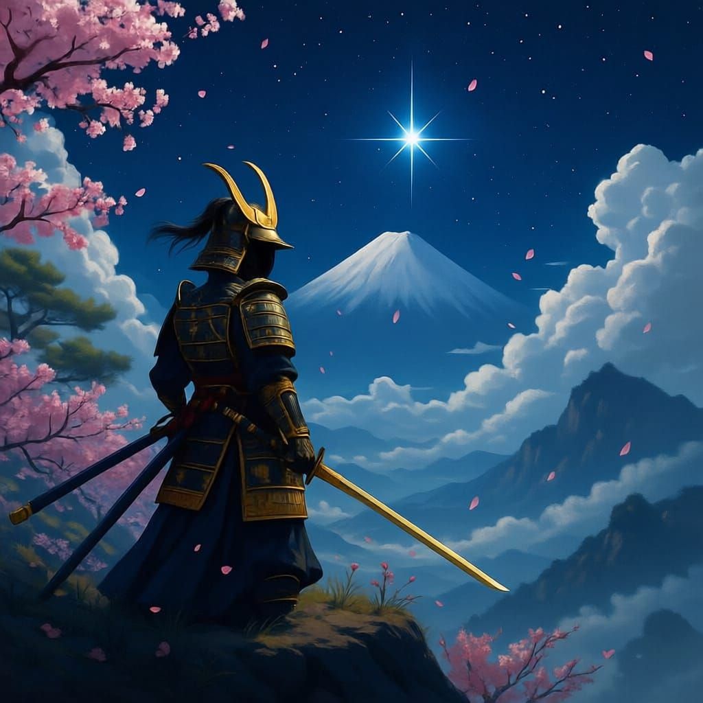 Samurai Warrior Gazes at North Star Above Cherry Blossoms