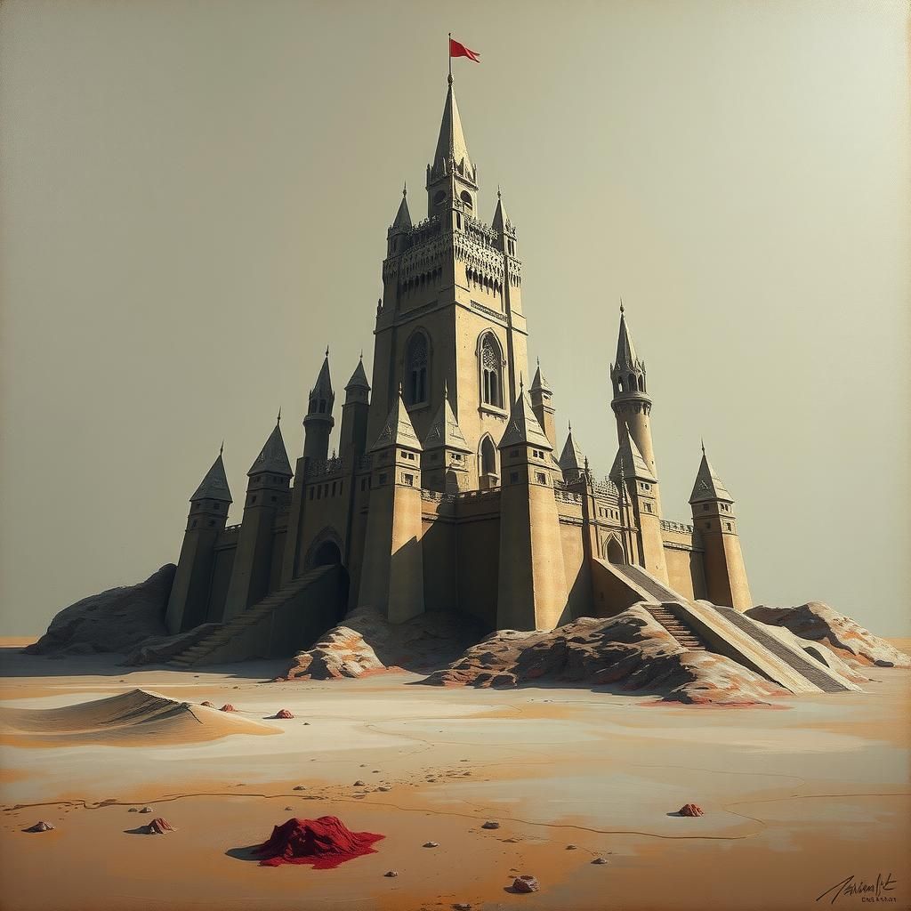 Melting Sandcastle on Deserted Beach as Oil Painting