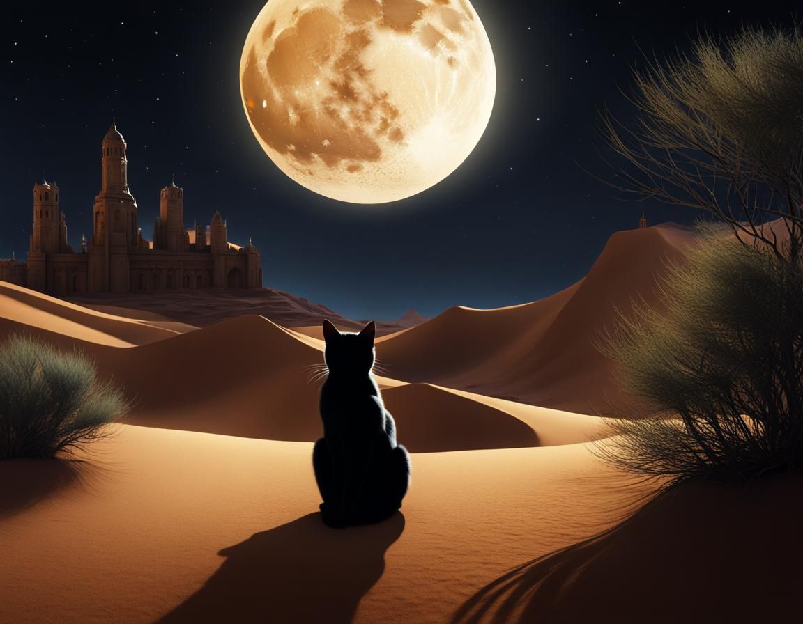 Cat Gazing at Medieval City in Desert Night