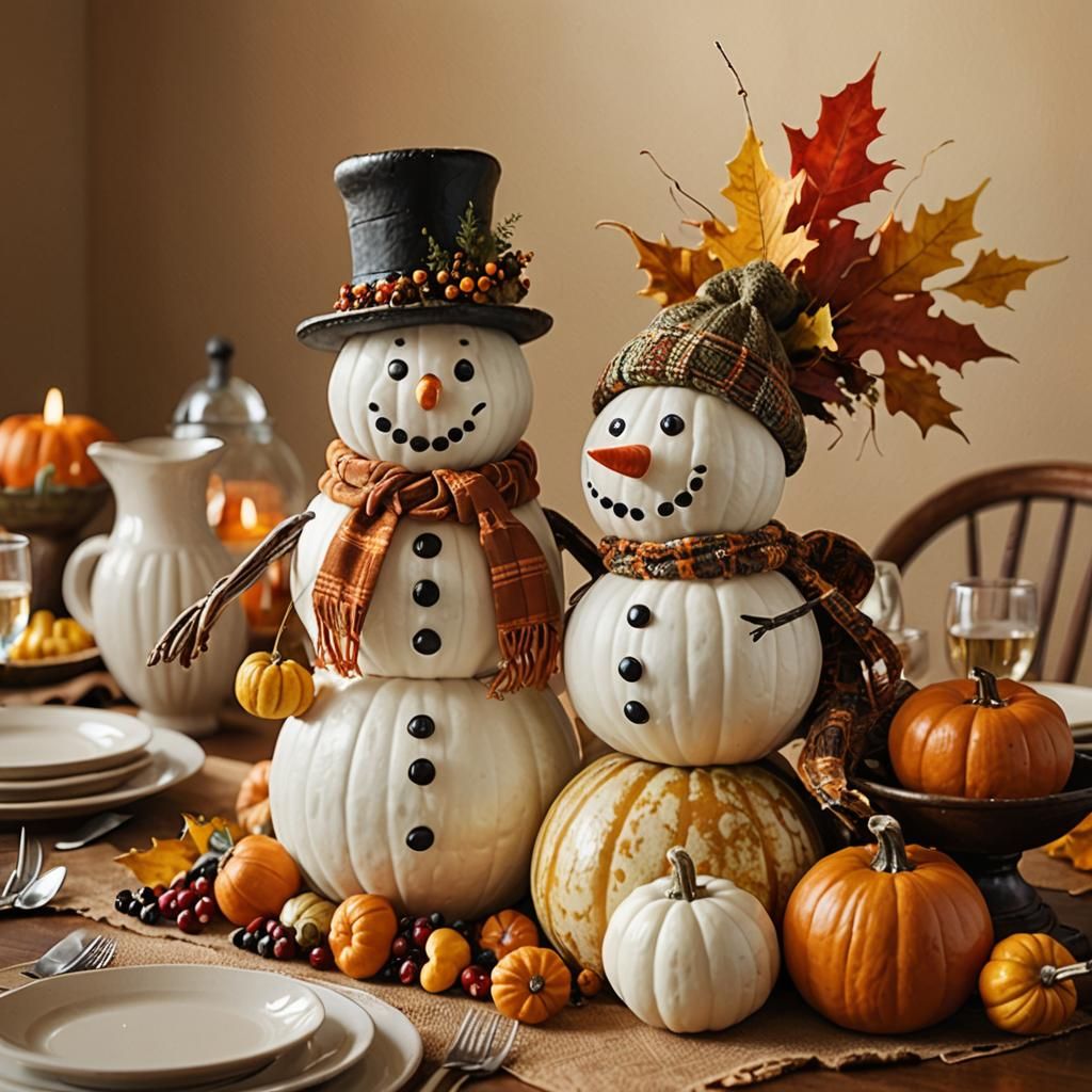 Thanksgiving Gourd Snowman on Holiday Table