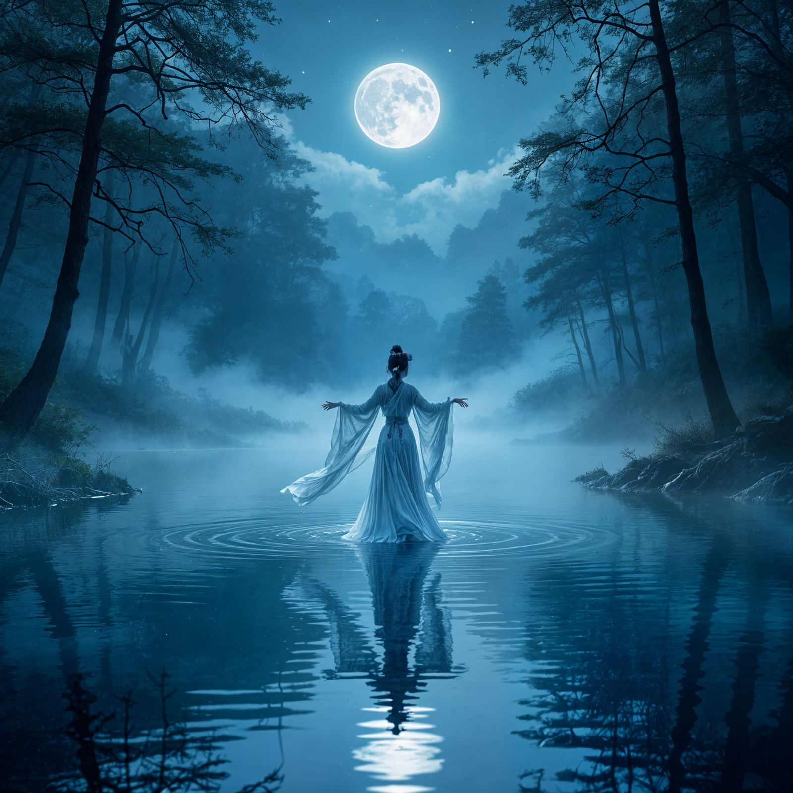 A dreamlike moonlit forest scene surrounding a still, glass-clear pond. Thick fog rolls across the water’s surface and d...