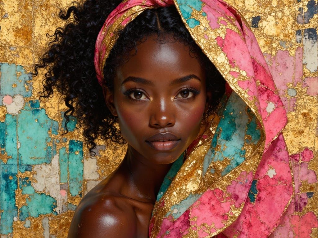 Stylish Black Woman in Silk Scarf, Mixed Media Portrait