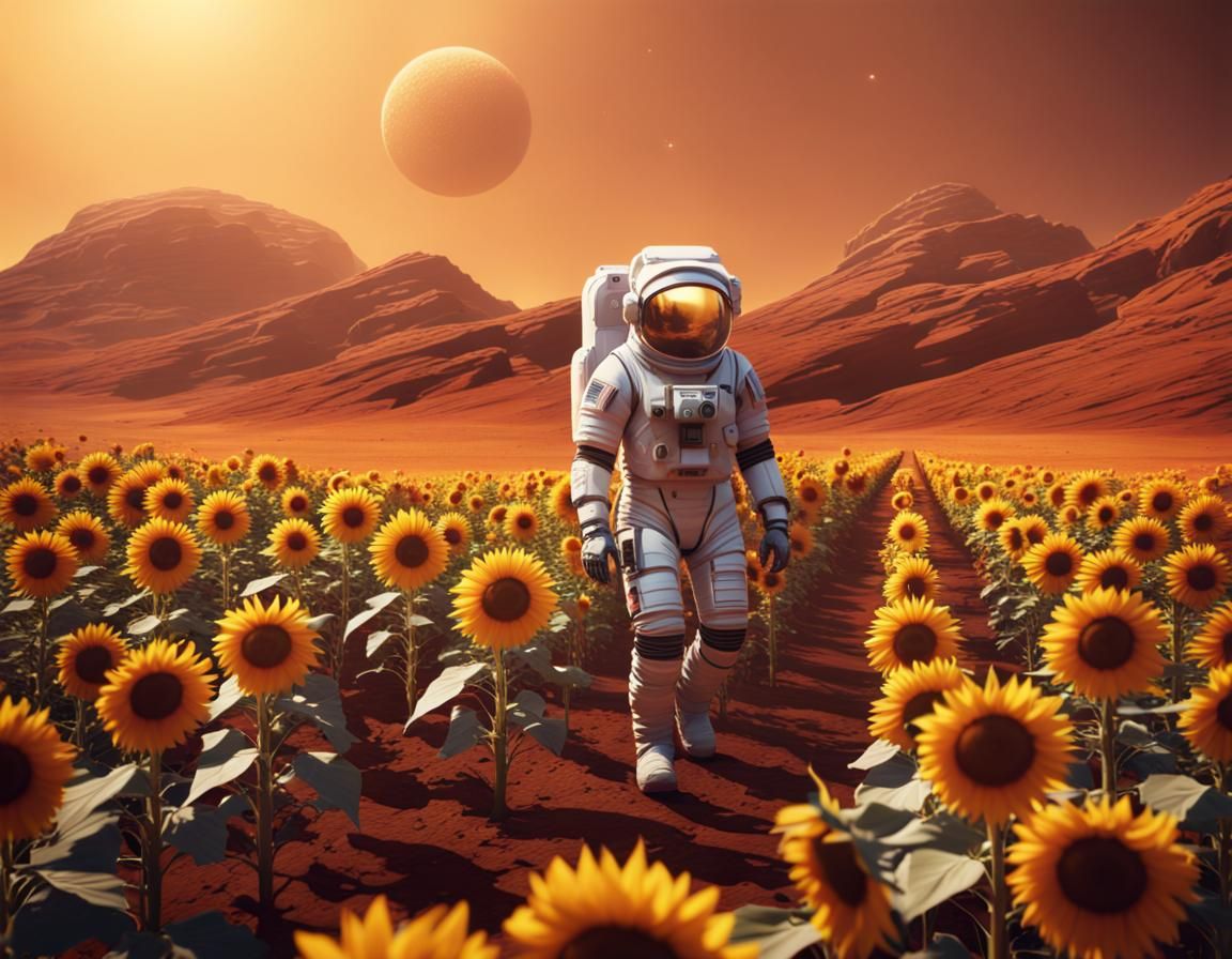 Astronaut Among Sunflowers on Mars: Fantasy Concept Art