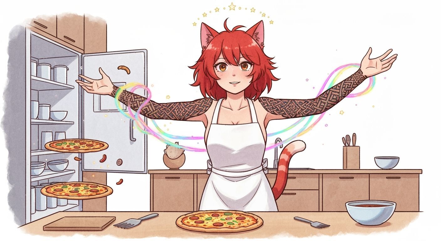 Cat-Girl Making Pizza with Celtic Tattoos in Anime Watercolo...