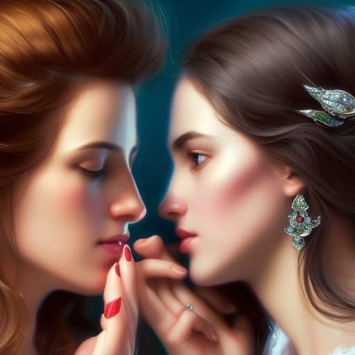 Two Women Kissing, Engagement Ring, Neo-Impressionism Style