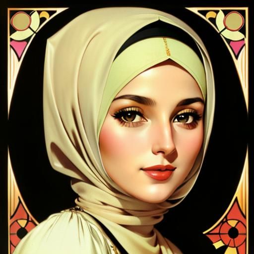 Portrait of Woman in Hijab Inspired by Alphonse Mucha