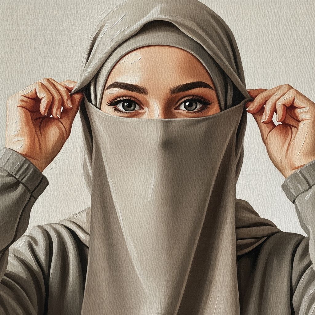 Oil Painting of Woman Adjusting Hijab and Niqab