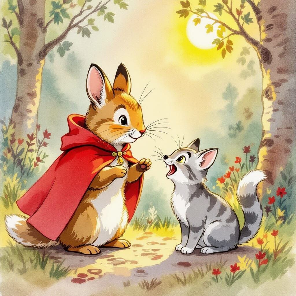 Brave Mouse in Red Cape Rescues Cat from Wolf