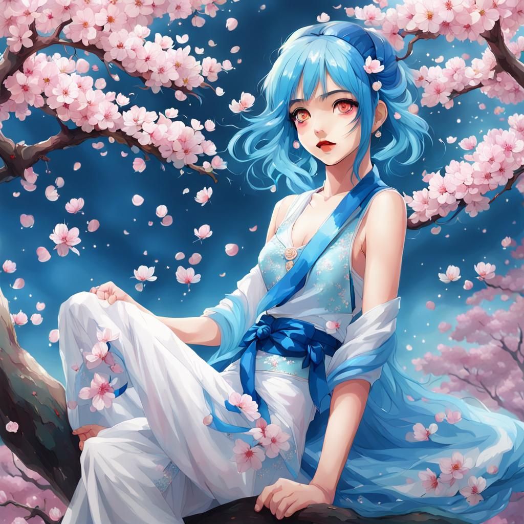 Anime Girl in Cherry Blossom Garden