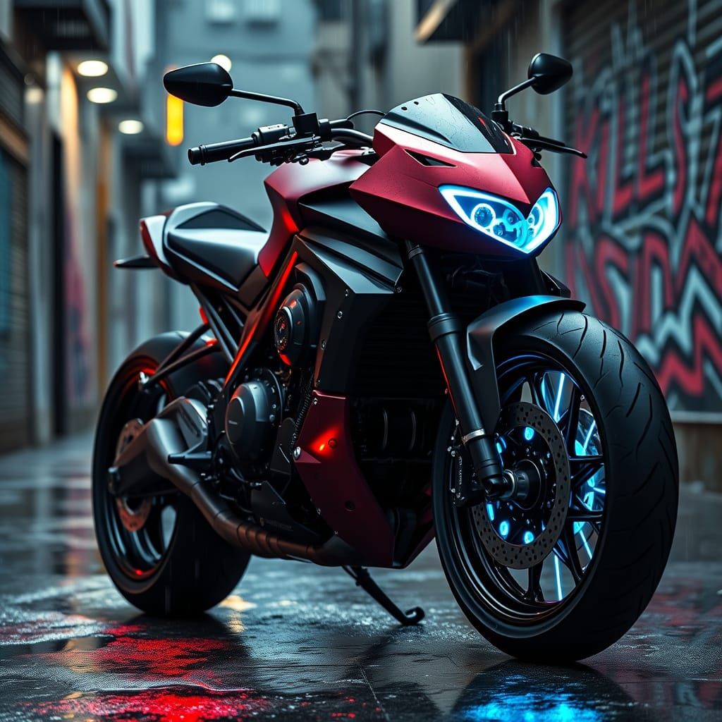 Cyberpunk Motorcycle in Dark Alleyway