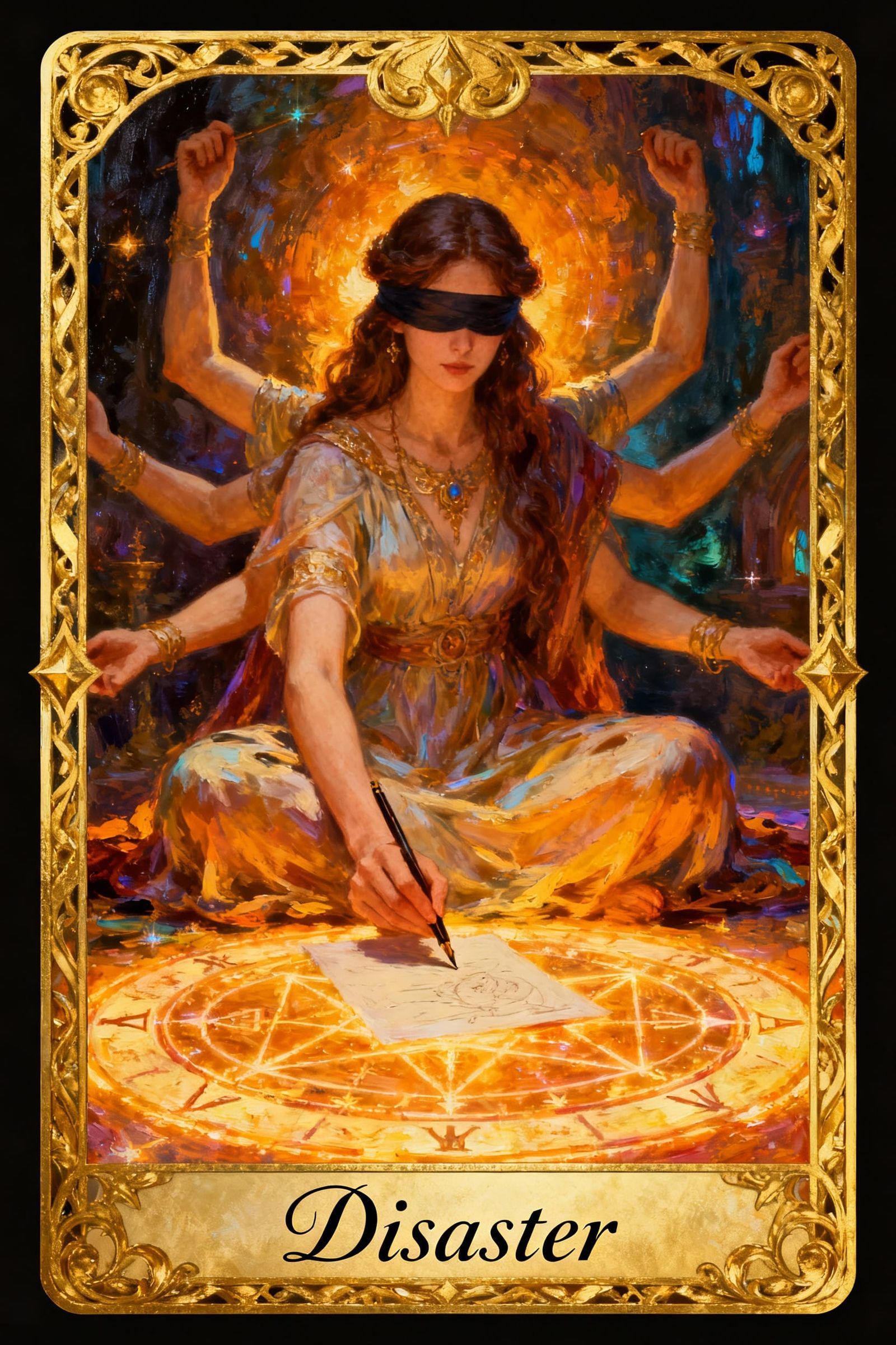 Magical Tarot Card of Six-Armed Woman Writing 'Disaster'