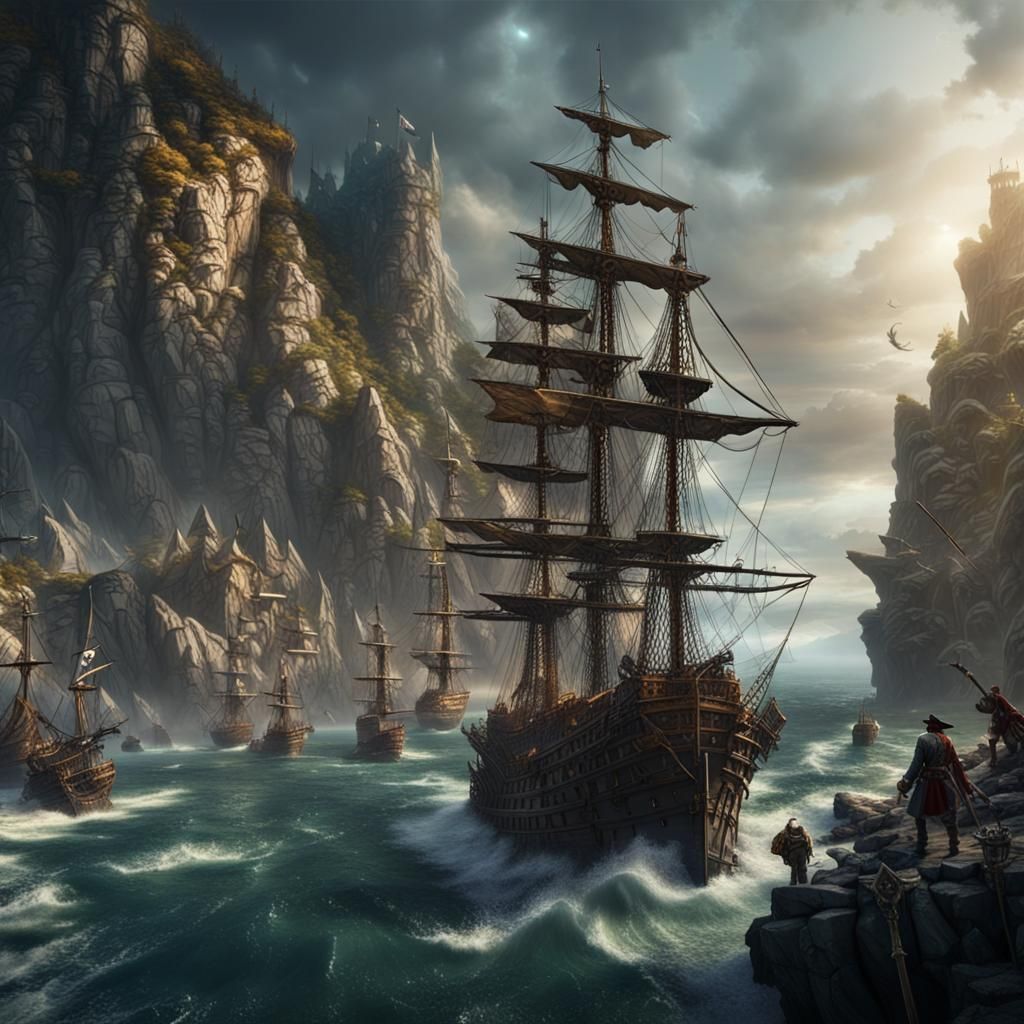 Pirate Attack on Mountain Harbor: Fantasy Concept Art