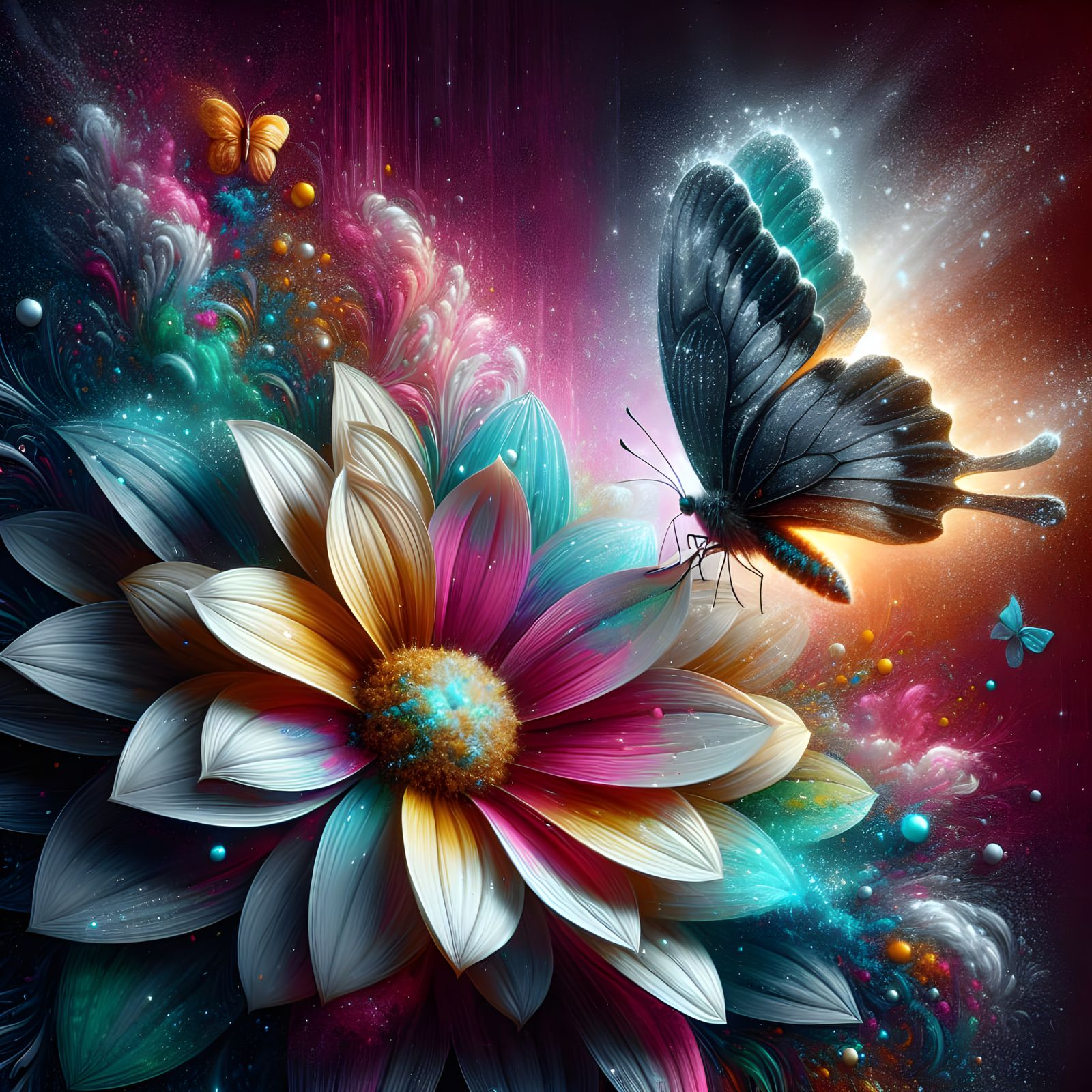 Butterfly on Moonlit Flower in Dramatic Lighting