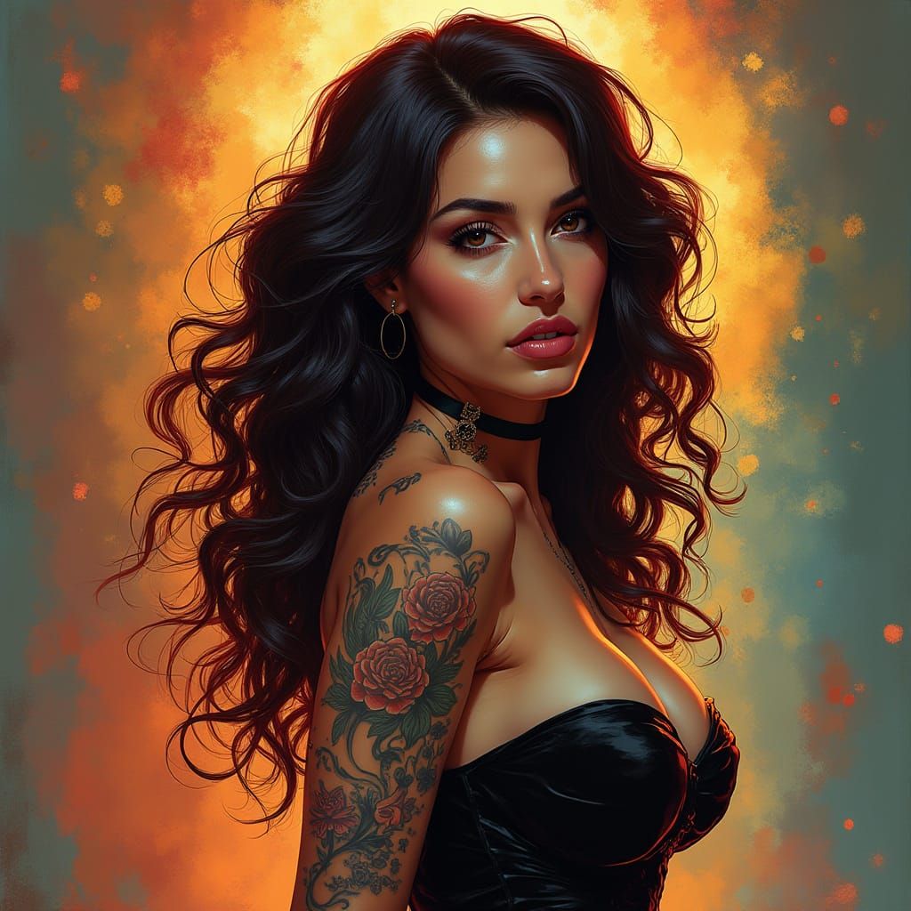 Glamorous Woman with Tattoos in Strapless Dress