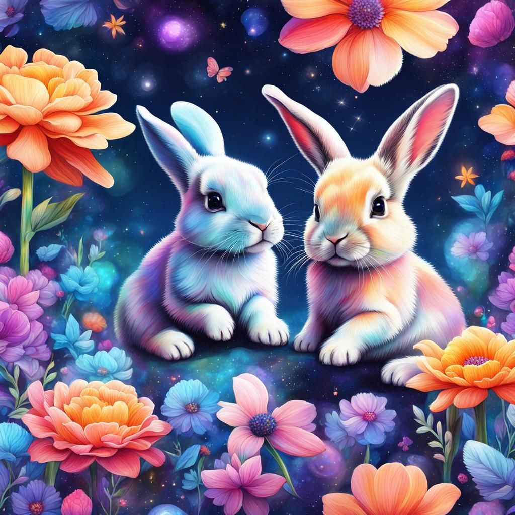 Baby Bunnies in Flowers: Holographic Cosmic Illustration
