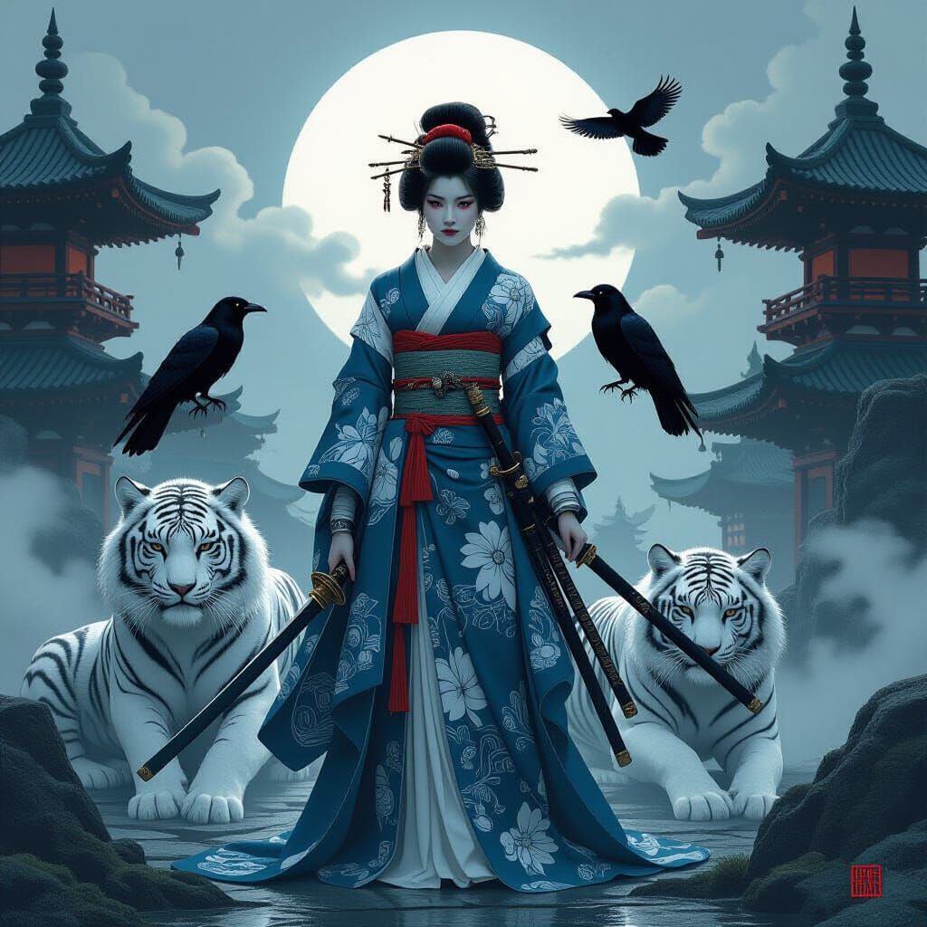 Moon Goddess, White Tiger, and Ravens in Japanese Art