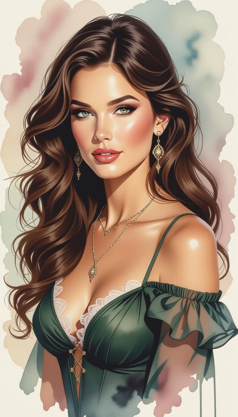 Brunette Beauty in Ink and Watercolor Portrait