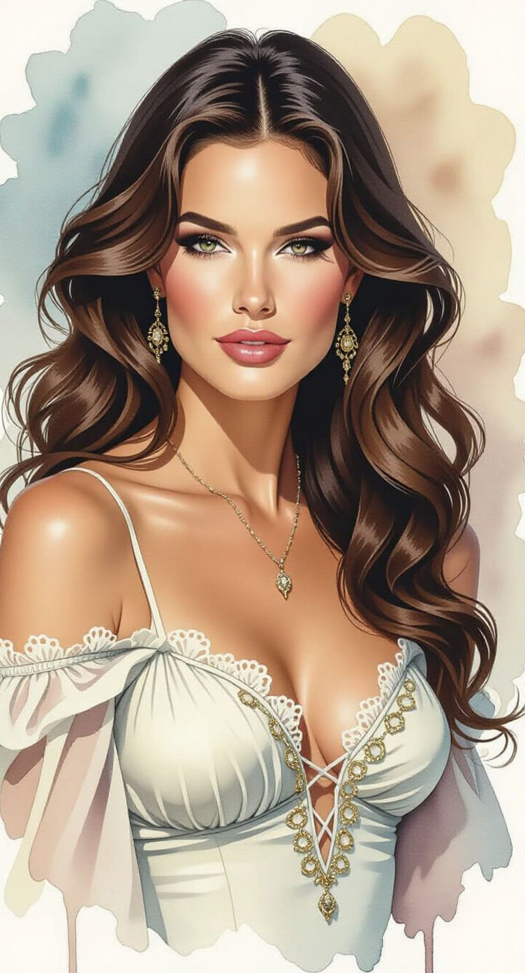 Ink and Watercolor Portrait of Brunette Woman