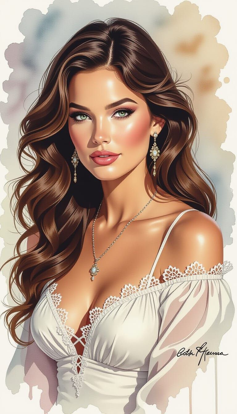 Brunette Beauty in Ink and Watercolor Portrait