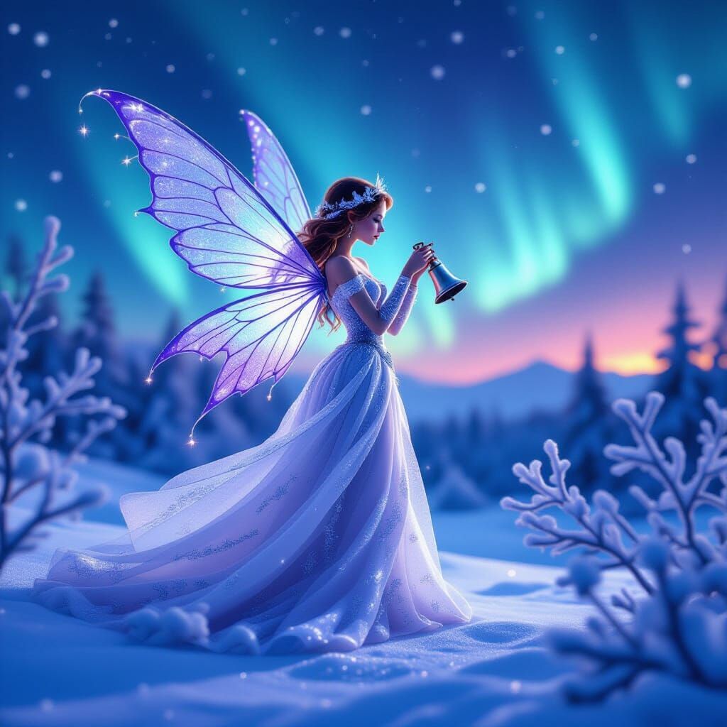 Fairy Woman Shakes Silver Bells Under Aurora Borealis