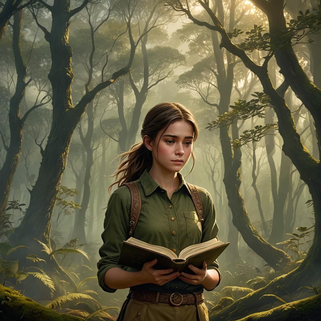 Girl with Fantasy Book in Misty Forest