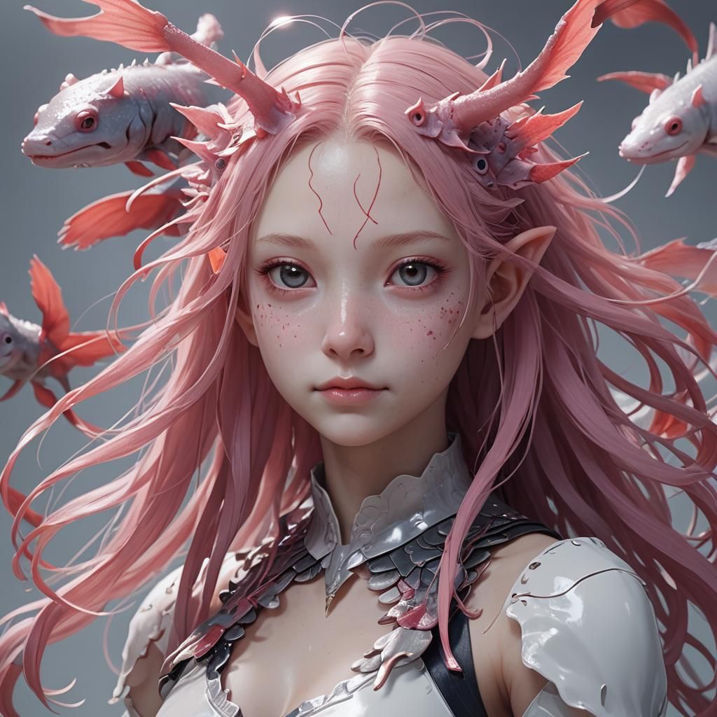 Human Axolotl Hybrid Waifu in Anime Style
