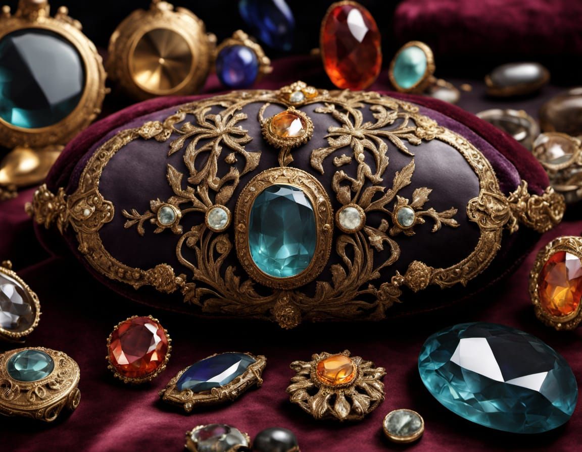 Antique Treasures on Velvet Cushion, Photorealistic Digital ...