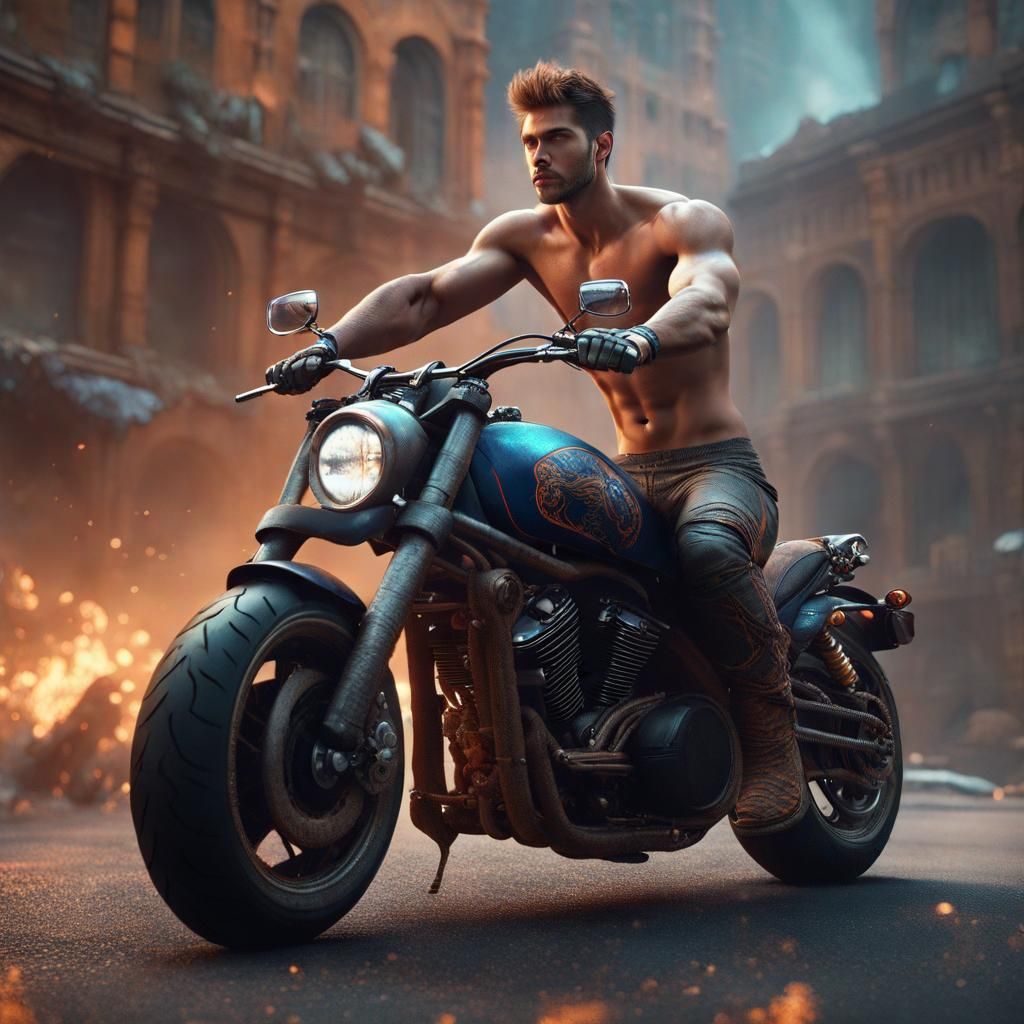 Shirtless Model on Motorcycle: Detailed Matte Painting