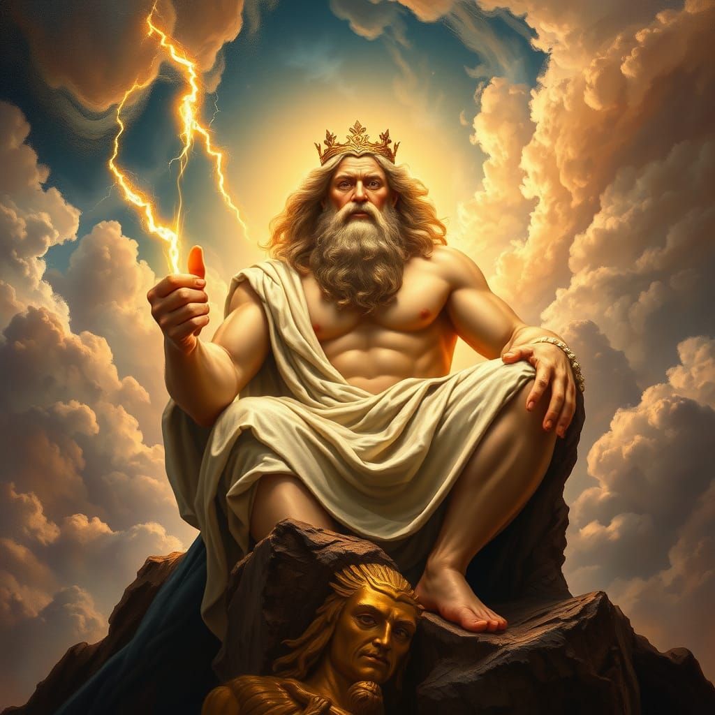 King of the gods, Zeus, sitting majestically atop Mount Olym...