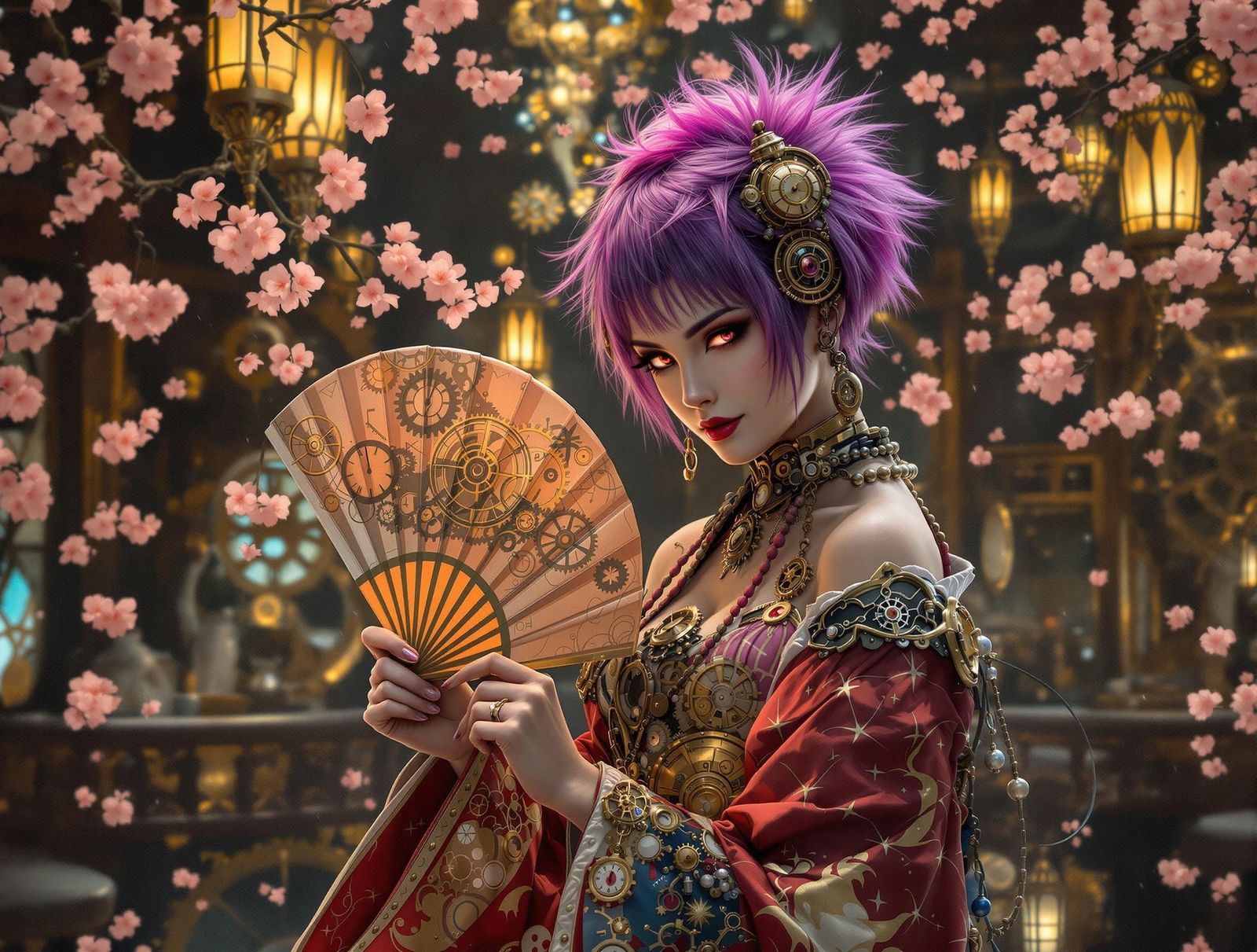 Steampunk Geisha in Tea House, Fantasy Art