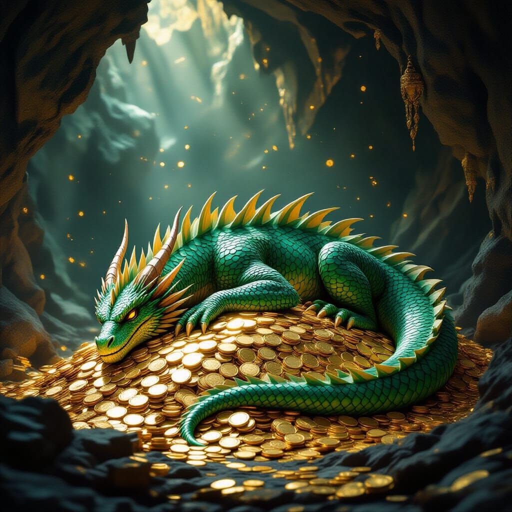 Emerald Dragon Sleeps on Mountain of Gold