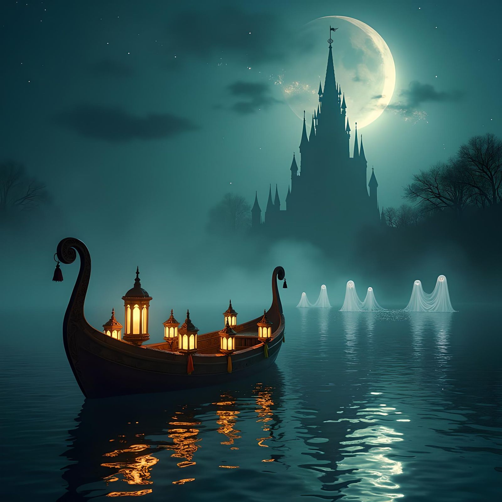 Eerie Lake: Apparitions Emerging Under Moonlight