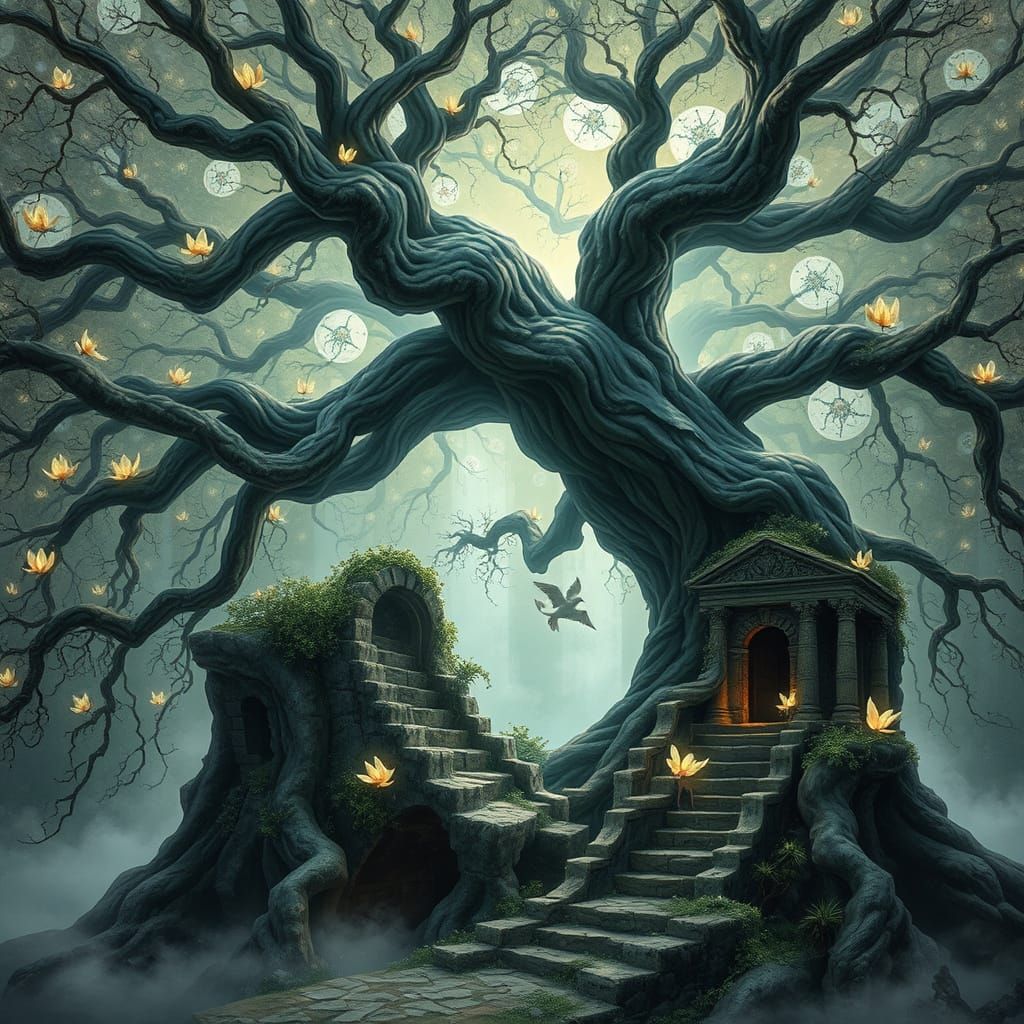 Mystical Ancient Tree with Bioluminescent Flowers