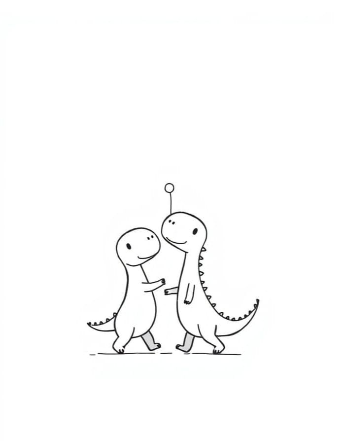 Cute Chibi Dinosaurs on a Hand-Drawn Walk